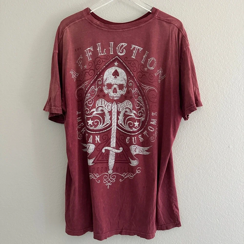 Affliction T-Shirt Mens 2XL Red American Customs Skull Biker‎ Graphic Distressed